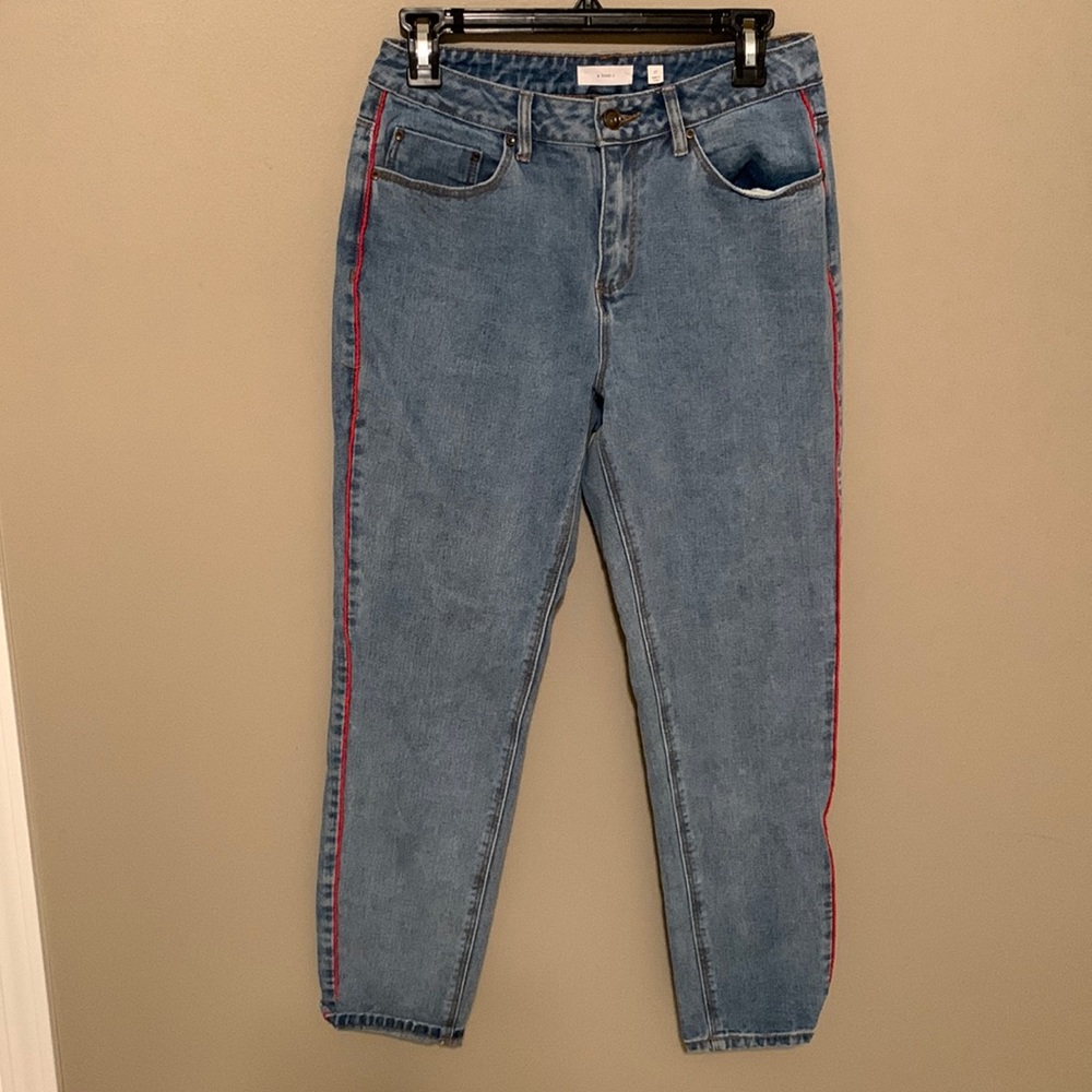 A loves A straight leg blue jeans with red stripe on sides